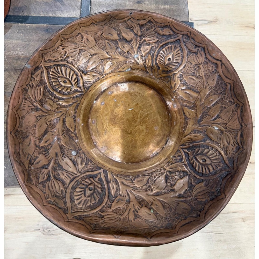 Large 16" Embossed Brass Decorative Bowl Handcrafted Pattern Made in India